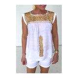Paper White & METALLIC Gold Embroidered Textile Top