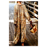 Designer Inspired Mustard & Black Floral Ruffle Trim Puff Sleeve Maxi Dress