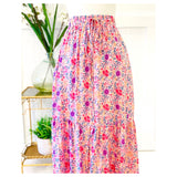 Pink Lavender & Sherbet Floral Print Midi Skirt with Front Slit & Tassel Tie Waist