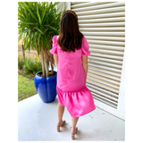 Pink Puff Sleeve Dress with Sweetheart Neckline & Drop Ruffle Hem
