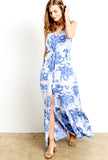Blue White ‘Chinoiserie’ Maxi Dress with Self Tassel Tie Waist