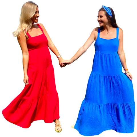 Blue OR Red Cotton Gauze Blakely Maxi Dress