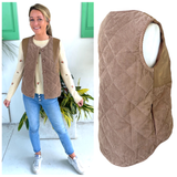 Latte Brown Quilted High Low Hem Fiona Vest with Leather Contrast