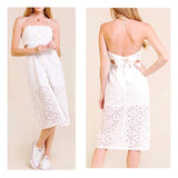 White Eyelet Button Down Midi Dress with Side Cutouts & Bow Back