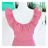 Red White Stripe Ruffle Bust A-Line Scoop Back Dress with Banded Waist