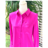 Hot Pink Satin Button Down High Low Hem Top