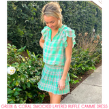 Green & Coral Smocked Layered Ruffle Cammie Dress