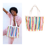 White Canvas Tote with Blue Green Red Pink & Yellow Ric Rac Trim