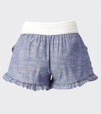 Chambray Ruffle Shorts with Buttons + Pockets & Cream Contrast Elastic Waist
