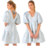 Robins Egg Blue Shiny Jacquard Puff Sleeve Mena Dress