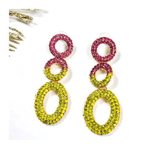 Pink & Gold Crystal Gemstone Triple Circle Chainlink Earrings