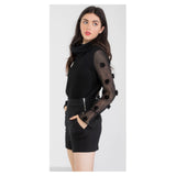 Black Fine Knit Cowl Neck Top with Flower Pom Appliques & Ruffle Sleeve Cuffs