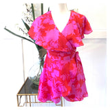 Pink & Red Floral Print Faux Wrap Ruffle Front Romper with Semi Open Back