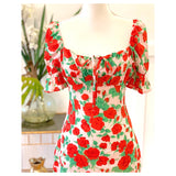 Blush Pink Red & Green Rose Print Ruffled Puff Sleeve Dress with Ruched Sweetheart Bust