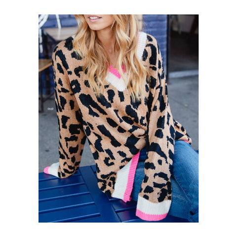 Taupe & Bubblegum Pink Leopard Knit Oversized Varsity Sweater
