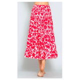 Red & White Floral Print Smocked Waist Tiered Ruffle Trim Hem Maxi Skirt