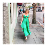 Emerald Green Front Tie Maxi Dress with Subtle Side Ruffles