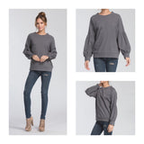 Charcoal Balloon Sleeve Knit Top with Banded Waist
