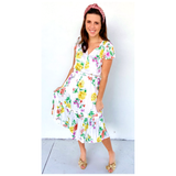 White Yellow Green Coral & Lavender Floral Midi Dress with Ruffle Waist Trim