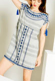 Taupe and Blue Short Sleeve Embroidered Shift Dress with Tassel Detail