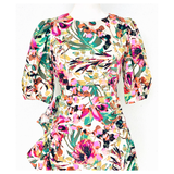 Ivory Green Magenta Multi Floral Puff Sleeve Ruched Dress with Asymmetrical Front Ruffle