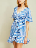 Royal Blue Gingham Short Sleeve Wrap Dress with Ruffle Hem