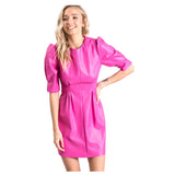 Hot Pink Puff Sleeve PU Leather Shift Dress with Shirred Front