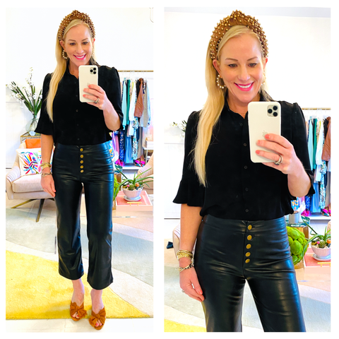 Black Leather Button Front Cropped Flare LEATHER Pants