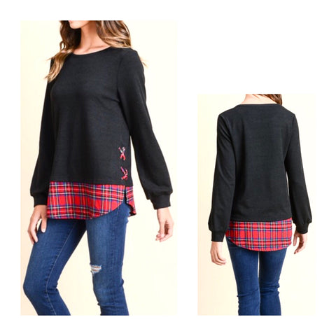 Black Knit Top with Tartan Shirttail Contrast & Faux Lace Up Sides