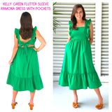 Kelly Green Flutter Sleeve Ramona Dress with Pockets