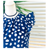 Navy & White Dot Flutter Sleeve Top with White Neck Contrast