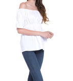 Basic Staple White Off the Shoulder 1/2 Sleeve Top with Cinched Elastic Waist