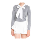 Grey Fine Knit Bow Tie Top with Ribbed Waist, Sleeve & Neck Hem Contrast
