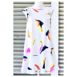 White & Multi Geometric Print Drop Hem Dress with Open Tie Back