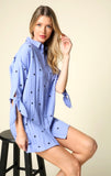 Blue Star Print Button Down Shirtdress with Sleeve Ties
