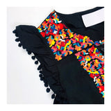 Black Flutter Sleeve Dress with Micro Pom Poms, Embroidered Yoke & Ruffle Hem