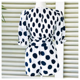 White & Navy Ikat Dot Smocked Top with Ruffle Trim Puff Sleeves