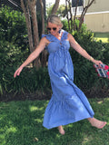Blue White Stripe Flutter Sleeve Maxi Dress with Smocked Back