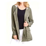 Olive Green Burberry-esque Utility Hooded Jacket with Plaid Lining & Toggle Waist Cinch