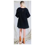 Black CORDUROY Shirred Puff Sleeve Shift Dress with Keyhole Back