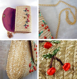 Straw Clutch or Purse with Cherry Embroidery & Gingham Interior