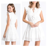 White Eyelet Accordion Flutter Sleeve Dress with Optional Tassel Tie