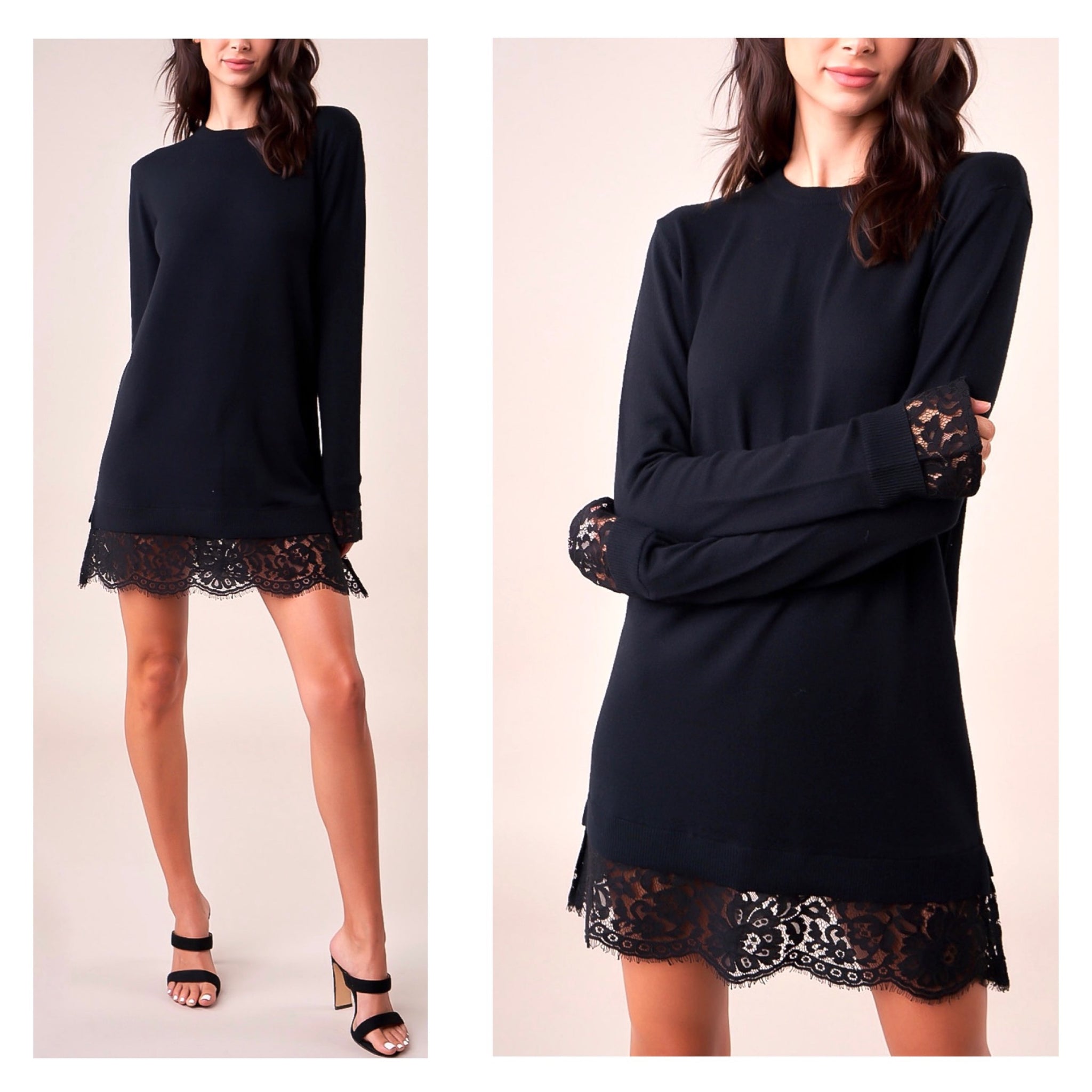 Black Fine Knit Lace Trim Sweater Dress James Ascher