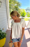 White Scallop Trim Short Sleeve Top with Magenta Embroidery