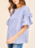 Blue Pinstripe Bell Sleeve Top with Ruffle Detail