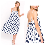 NAVY Blue & White Ikat Dot Midi Dress with BOW BACK & POCKETS