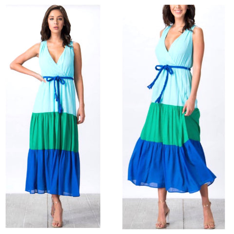 Turquoise Green & Blue Tiered Ruffle Hem Maxi Dress with Rope Belt