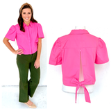 Hot Pink Poplin Puff Sleeve Button Down Bow Back Top
