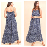 Navy & White Dots Maxi Dress with Double Shirred Ruffle Trim