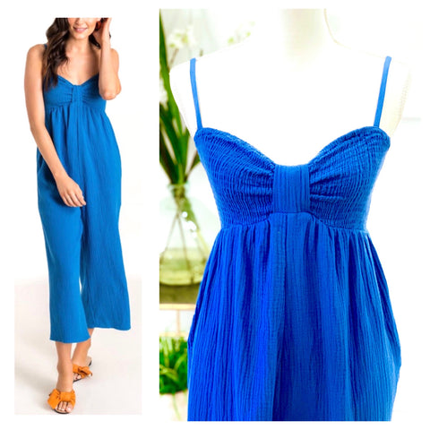 Cobalt Blue Cropped Wide Leg Woven Jumpsuit with Gathered Front